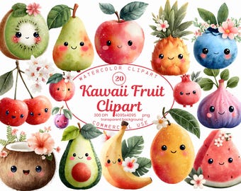 Colección de imágenes prediseñadas de frutas kawaii, 20 ilustraciones PNG de frutas lindas en acuarela, pegatinas de fresa y melocotón, descarga digital, uso comercial