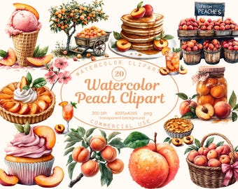 水彩桃のクリップアートコレクション、夏のフルーツ20種類のPNGイラスト、フードアート、コケット招待状、デジタルダウンロード（商用利用可）