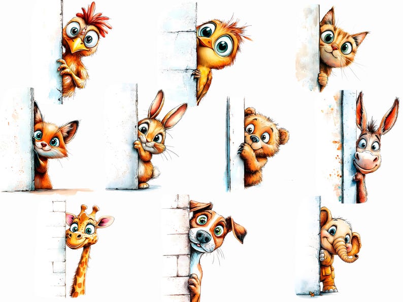 Knäppa djur Clipart-samling, fåniga akvarelldjur som kikar 20 PNG-illustrationer, tecknade djur, digital nedladdning, kommersiellt bruk bild 2