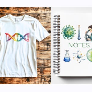 May include: A white t-shirt with a colorful DNA double helix design. Next to it is a spiral-bound notebook with the word "NOTES" and watercolor illustrations of science-related images, including a virus, thermometer, and microscope.