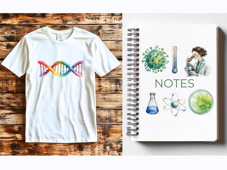 May include: A white t-shirt with a colorful DNA double helix design. Next to it is a spiral-bound notebook with the word "NOTES" and watercolor illustrations of science-related images, including a virus, thermometer, and microscope.