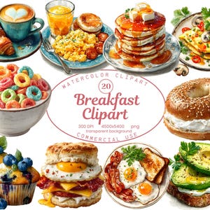 Könnte beinhalten: Aquarell-Cliparts mit verschiedenen Frühstücksartikeln. Enthält ein Croissant mit Kaffee, Rührei, Pfannkuchen mit Sirup, ein Omelett, eine Schüssel Müsli, einen Bagel, Blaubeermuffins, ein Keks-Sandwich, Eier mit Speck und Avocado-Toast.