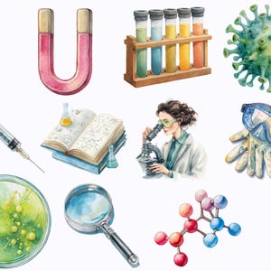 May include: Watercolor illustration of science and medical equipment. Includes a thermometer, horseshoe magnet, test tubes, virus, syringe, open book, scientist with microscope, goggles, gloves, petri dish, magnifying glass, molecule model, and skeleton.