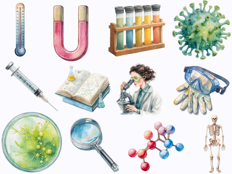 May include: Watercolor illustration of science and medical equipment. Includes a thermometer, horseshoe magnet, test tubes, virus, syringe, open book, scientist with microscope, goggles, gloves, petri dish, magnifying glass, molecule model, and skeleton.