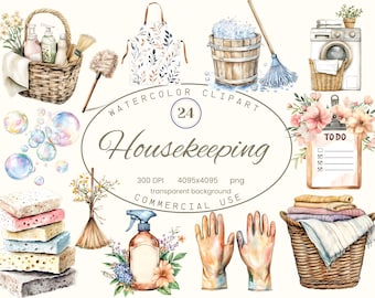 Housekeeping Clip Art Collection,  24 PNG Cleaning, Laundry, Housework Illustrations, Watercolor Style Art Digital Download Commercial Use