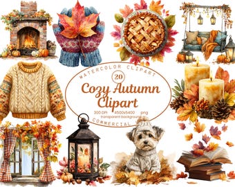 Cozy Autumn Clipart Collection, Watercolor Pumpkins, Books, Candles, Leaves 20 PNG, Fall Aesthetic, Digital Download, Commercial Use