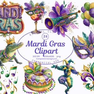 May include: A collection of watercolour Mardi Gras clipart elements, including a sign, mask, alligator, musical notes, and jester, in purple, green, and gold. The text "MARDI GRAS" is displayed.