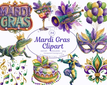 May include: A collection of watercolour Mardi Gras clipart elements, including a sign, mask, alligator, musical notes, and jester, in purple, green, and gold. The text "MARDI GRAS" is displayed.