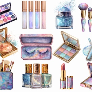 May include: Watercolor illustration of various makeup products, including eyeshadow palettes, lip glosses, glitter, makeup brushes, false eyelashes, nail polish, lipstick, and blush. The products feature iridescent and glittery finishes.