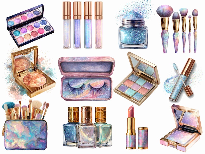 May include: Watercolor illustration of various makeup products, including eyeshadow palettes, lip glosses, glitter, makeup brushes, false eyelashes, nail polish, lipstick, and blush. The products feature iridescent and glittery finishes.