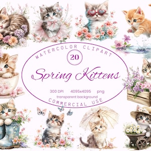 Collection de cliparts mignons chatons de printemps avec élément floral, 20 illustrations PNG, utilisation commerciale en téléchargement numérique de Style aquarelle