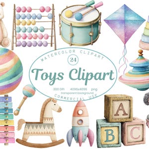 Puede incluir: Clipart de acuarela de varios juguetes, incluyendo un oso de peluche, un ábaco, un tambor, una cometa, anillos apilables, una peonza, una pelota, un xilófono, una sonaja, un caballito balancín, un cohete, bloques de alfabeto y una muñeca. El texto "Toys Clipart" es visible.