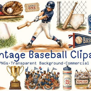 May include: A collection of vintage baseball-themed illustrations including a player swinging a bat, a baseball on grass, a trophy, a foam finger with the text 'WE'RE #1!', a pennant, a water bottle, and a crowd scene with the text 'HOME RUN'.