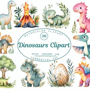 Dinosaurs Clip Art Collection, Cute Cartoon Nursery Decor 20 PNG illustrations, Watercolor Baby Shower Clip Art, transparent background PNG