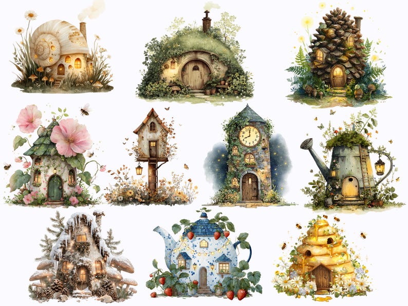 Magical Fairy Houses Clipart Collection, Cute Fairy Home Watercolor 20 ...