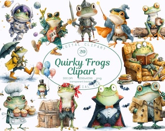 Quirky Frog Clipart Collection, Whimsical Watercolor Frogs Graphics 20 PNG Illustrations, Digital Download, Commercial Use