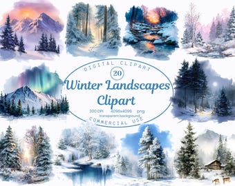 Winter Landscapes Clipart Collection, Forest Mountain Watercolor 20 PNG, Snowy Scenery Winter Illustrations, Digital Download