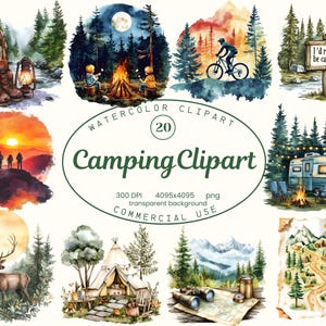 Camping clipartcollectie, outdoor avonturen wandelen aquarel clipart set 20 png, wildernis reizen illustraties, sublimatie ontwerpen