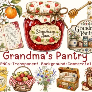 Grandma’s Pantry Clipart, Cottagecore Jam Jars, Recipe Cards, Pantry Labels, Homemade Preserves, Watercolor Kitchen 44 PNG, Commercial Use