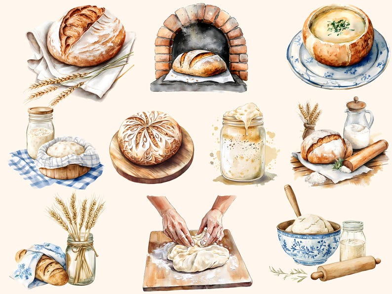 Surdegsbröd Clipart-samling, Hembagare 20 PNG-illustrationer, Akvarellstil Konst Digital Nedladdning Kommersiellt Bruk bild 3