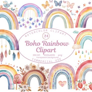 Boho Rainbow Clipart Collection, Pastel Watercolor Nursery Art 24 PNG Clipart Bundle, Nature Illustration, Digital Download Commercial Use
