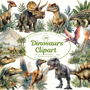 Pode incluir: Clipart em aquarela com vários dinossauros em um ambiente natural. A imagem inclui dinossauros como Triceratops, T-Rex e Estegossauro, cercados por vegetação exuberante, montanhas e um vulcão. O texto "Dinosaurs Clipart" também está incluído.