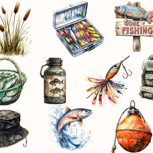 May include: A collection of fishing themed illustrations, including a tackle box full of lures, a fishing lure with feathers, a fish in a net, a fishing hat, a fish jumping out of the water, a buoy, a fishing sign that says "Gone Fishing", a backpack, and a metal container with two fish on it.