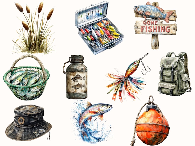 May include: A collection of fishing themed illustrations, including a tackle box full of lures, a fishing lure with feathers, a fish in a net, a fishing hat, a fish jumping out of the water, a buoy, a fishing sign that says "Gone Fishing", a backpack, and a metal container with two fish on it.