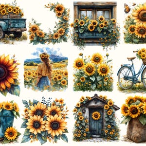 Op de afbeelding: Een verzameling van 10 digitale illustraties met zonnebloemen in verschillende omgevingen. De illustraties omvatten een vintage vrachtwagen, een vensterbak, een fiets, een zonnebloemenveld, een paar regenlaarzen, een klein huis en een jutezak.