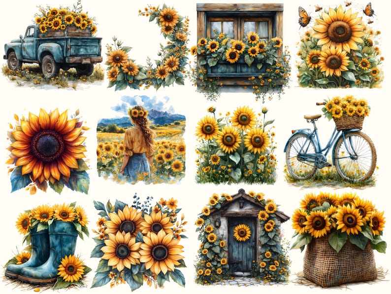 Op de afbeelding: Een verzameling van 10 digitale illustraties met zonnebloemen in verschillende omgevingen. De illustraties omvatten een vintage vrachtwagen, een vensterbak, een fiets, een zonnebloemenveld, een paar regenlaarzen, een klein huis en een jutezak.