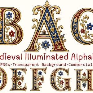 Medeltida upplyst alfabet Clipart PNG, gotiska manuskriptbokstäver A-Ö, vintage guldinitialer, utsmyckade monogram, fantasy scrapbook clipart