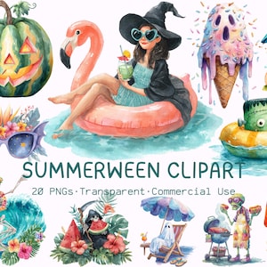 May include: Watercolor clipart set with a summer and Halloween theme. Includes a carved pumpkin, a woman on a flamingo float, a ghost ice cream cone, a Frankenstein float, and a skeleton surfing. The text "Summerween Clipart" is also included.