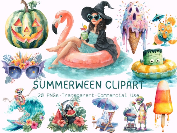 Summerween Clipart Bundle, Spooky Summer Party 20 PNG, Halloween Beach Clipart, Whimsical Tropical Halloween, Cute Ghost Summer PNG