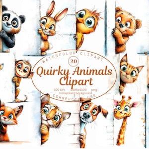 Quirky Animals Clipart Collection, Silly Watercolor Animal Peeking 20 PNG Illustrations, Cartoon Animal, Digital Download, Commercial Use
