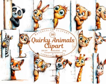 Quirky Animals Clipart Collection, Silly Watercolor Animal Peeking 20 PNG Illustrations, Cartoon Animal, Digital Download, Commercial Use