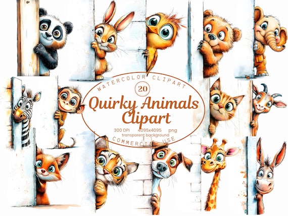 Quirky Animals Clipart Collection, Silly Watercolor Animal Peeking 20 PNG Illustrations, Cartoon Animal, Digital Download, Commercial Use