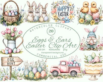 Eggs and Ears Easter Clip Art Collection, Easter Watercolor holiday 20 PNG illustrations, Digital Download Commercial Use