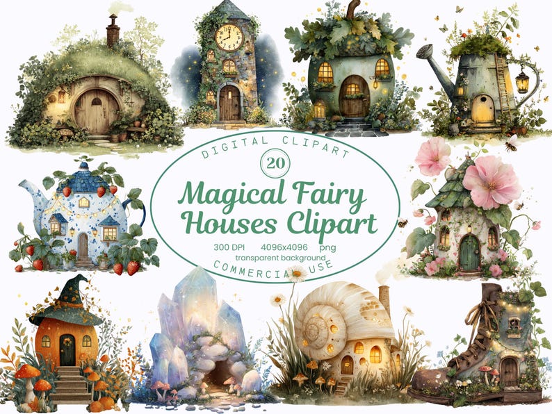 Magical Fairy Houses Clipart Collection, Cute Fairy Home Watercolor 20 ...