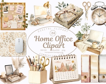 May include: Watercolor digital clipart set featuring home office supplies. Includes a bulletin board with notes, a computer setup, books, a clock, a laptop on a tray, a mouse, a desk organizer, a calendar, and file folders. The text "YOU GOT THIS!" is visible.