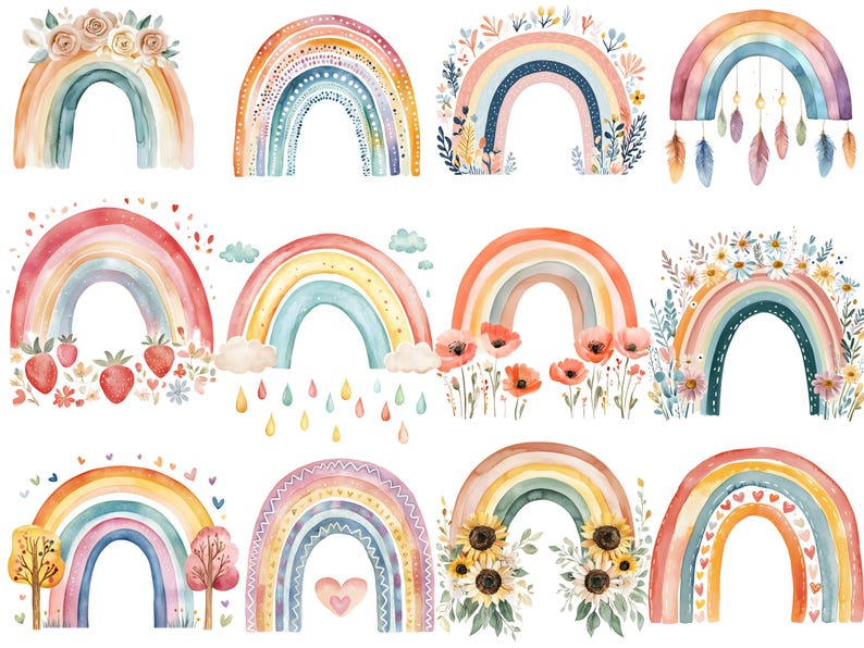 Boho Rainbow Clipart Collection, Pastel Watercolor Nursery Art 24 PNG ...