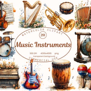 Music Instrument Clipart Collection, Watercolor Musician 20 PNG Illustrations, Piano Guitar Violin PNG Digital Download Commercial Use