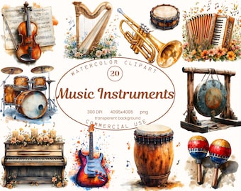 May include: A watercolour illustration of various musical instruments, including a violin, harp, trumpet, drum kit, accordion, gong, piano, guitar, conga drum, and maracas. The image has a transparent background and includes the text "Music Instruments".