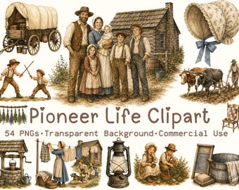 Pioneer Life Clipart, Rustic Homestead Watercolor 54 PNG, Frontier Family Clip Art, Vintage Farm, Western Settler, Historical Americana