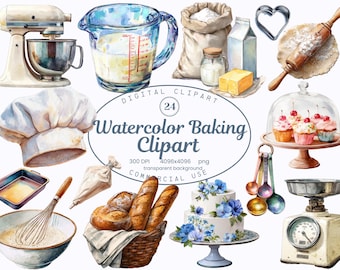 Watercolor Baking Clipart Collection, Digital Cooking Graphics, Kitchen Bakery Supplies 24 PNG, Digital Download, Commercial Use