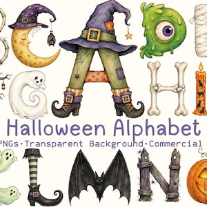 Może przedstawiać: Cyfrowa kolekcja alfabetu na Halloween z literami uformowanymi z czaszek, półksiężyca, kapelusza czarownicy, zielonego oka potwora, bandaży mumii, drzewa, ducha, kości, świecy, miotły, trumny, nietoperza i dyni.