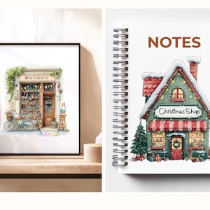 May include: A framed watercolor print of an arts and crafts shop with a blue bicycle and the text "ARTS & CRAFTS". Beside it, a spiral-bound notebook with a Christmas shop illustration and the text "NOTES".