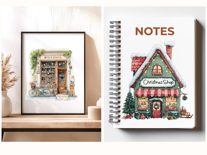 May include: A framed watercolor print of an arts and crafts shop with a blue bicycle and the text "ARTS & CRAFTS". Beside it, a spiral-bound notebook with a Christmas shop illustration and the text "NOTES".