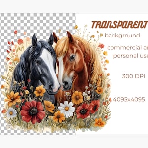 Op de afbeelding: Een aquarel schilderij van twee paarden met hun hoofden tegen elkaar. De paarden zijn omringd door een verscheidenheid aan bloemen in tinten rood, oranje, geel en wit. De achtergrond is een transparant geruit patroon.