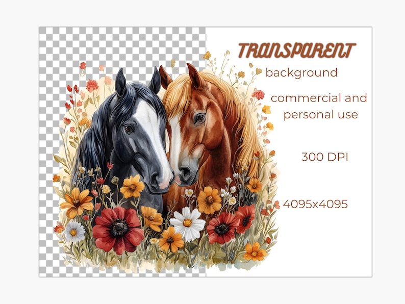 Op de afbeelding: Een aquarel schilderij van twee paarden met hun hoofden tegen elkaar. De paarden zijn omringd door een verscheidenheid aan bloemen in tinten rood, oranje, geel en wit. De achtergrond is een transparant geruit patroon.