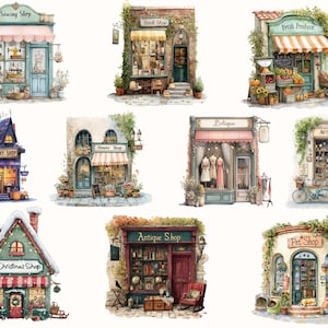 May include: Watercolor illustration of various shop fronts, including a sewing shop, book shop, fresh produce, spooky shop, boutique, arts & crafts, antique shop, pet shop, and Christmas shop. Each shop has unique architectural details and signage.